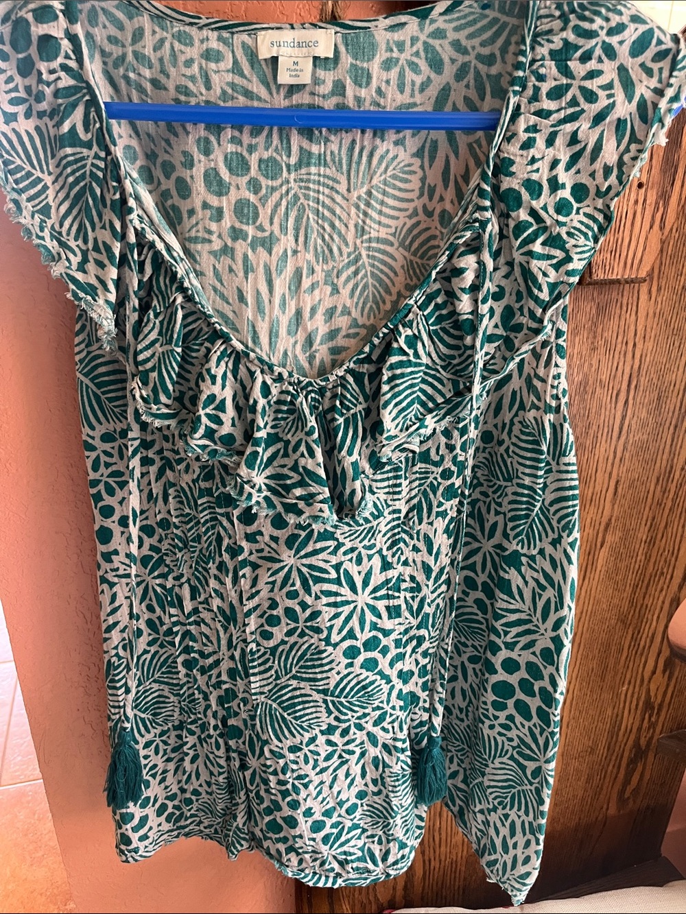 Sundance Teal and White Floral Ruffle-Front Tunic